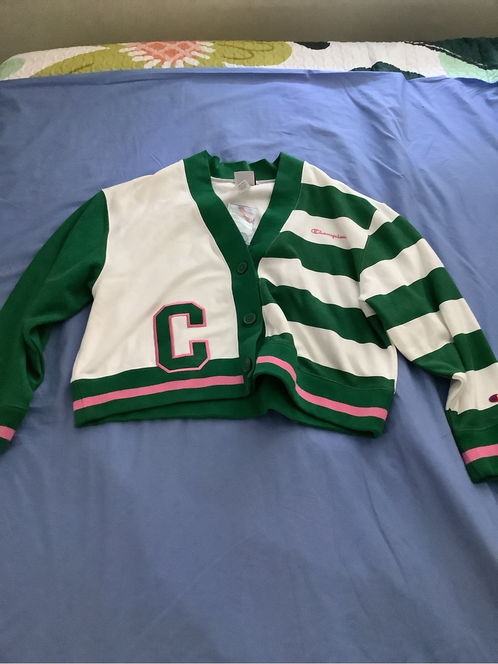 (NWT) Champion Green, White & Pink Striped Cropped Cardigan super cute